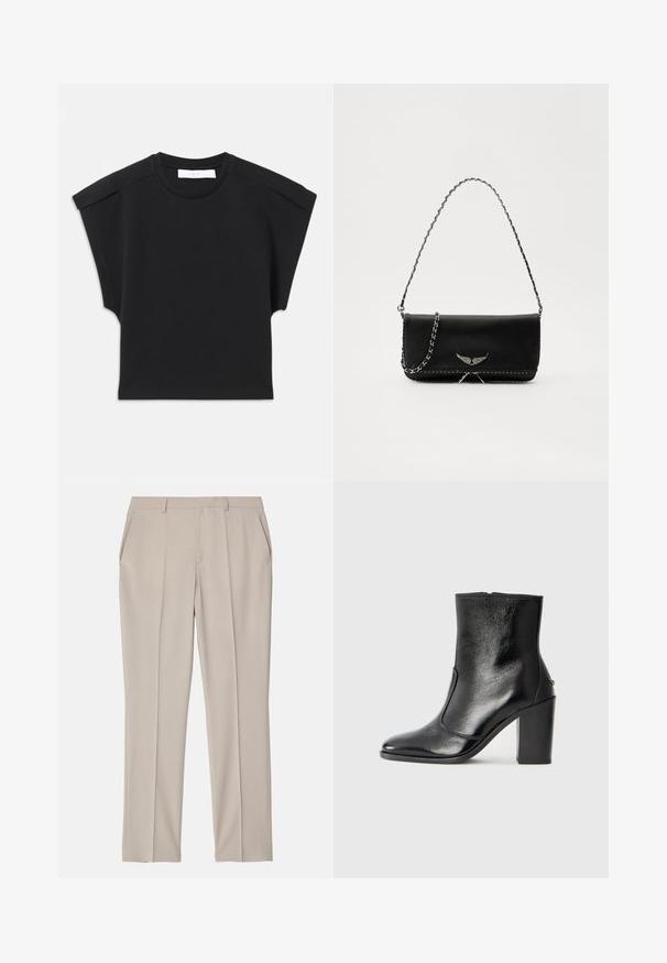 Juodas trumpas rankovėmis viršus su apvaliu iškirpimu ir pečių detalėmis, išdėstytas plokščiai ant balto fono.; Filippa K EMMA TROUSERS - Kelnės - desert tau; Juodas odinis kulkšninis batas su lygiu paviršiumi, smailiu pirštu ir masyviu aukštu kulnu. Savybė - šoninis atidarymas ir minimalistiškas dizainas.; Juodas odinis delninukas su sidabro spalvos grandinele, papuoštas dekoratyviniais sparnų akcentais ir balta siūle apačioje.