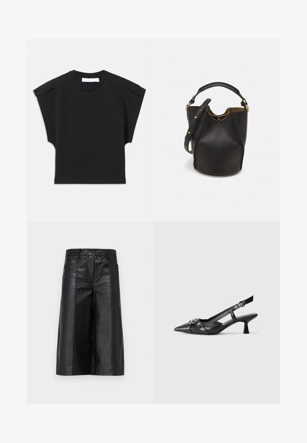 Mustmust sisemise varrukaga must topp ümaral kaelusel ja õlavarre detailidega, laotatud valgele taustale.; Mustad tekstuuri faux nahast mustad lühikesed püksid, millel on täpikujundus, küljetaskud ja sirge lõikega disain.; Must must have must toote tõmblukuga, dekoratiivsed rihmad metallist silmadega ja madal blokk-kand. Tekstureeritud pind.; Mustast nahkämbriga kott tekstuurses viimistluses, kuldsete metalldetailide aktsentidega ja avatud ülaosaga. Omab lühikest käepidet ja reguleeritavat õlavarre rihma.