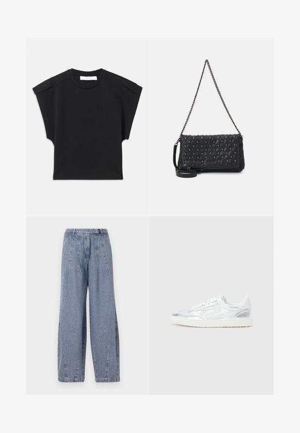 Black short-sleeve top with a round neckline and shoulder detailing, laid flat on a white background.; Light blue denim wide-leg trousers with a wrinkled texture, featuring a high waistband and vertical seam detailing along the legs.; White sneakers with metallic silver accents, smooth texture, round toe, flat sole, and traditional lace-up design.; Black quilted leather bag with a chain strap, featuring skull accents and a zip closure. Textured surface with a glossy finish.