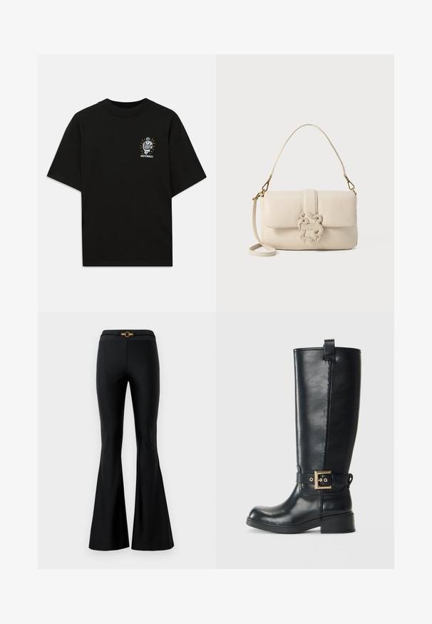 Czarny bawełniany t-shirt z krótkim rękawem, z grafiką korony i twarzy, obok napisu "JUST CAVALLI."; Czarne rozkloszowane spodnie o gładkiej fakturze, z dopasowaną talią i złotym okrągłym akcentem z przodu. Wykonane z elastycznego materiału.; Czarne skórzane kozaki do kolan z niskim obcasem w kształcie bloku, ozdobnym złotym paskiem z klamrą wokół kostki oraz pętelką u góry.; Kremowa skórzana torebka na ramię z klapką, złotymi akcentami i plecionym zdobieniem. Posiada odpinany pasek na ramię.
