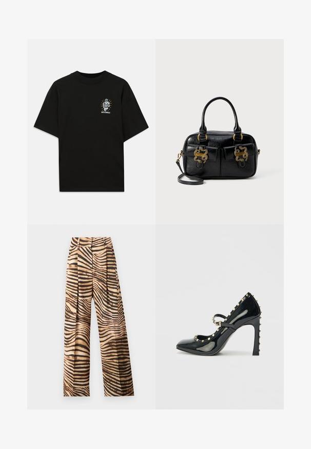 Svart bomullströja med korta ärmar, med en grafisk design av en krona och ett ansikte, tillsammans med texten "JUST CAVALLI."; Vida byxor i beige och brun zebra randmönster, med veck, hög midja och en slät, glänsande textur.; Svart patentläder högklackad sko med spetsig tå, ankelsnodd och gyllene nitar längs kanterna.; Svart texturerad läderhandväska med dubbla handtag upptill, två framfickor och guld detaljer. Utrustad med en avtagbar axelrem.