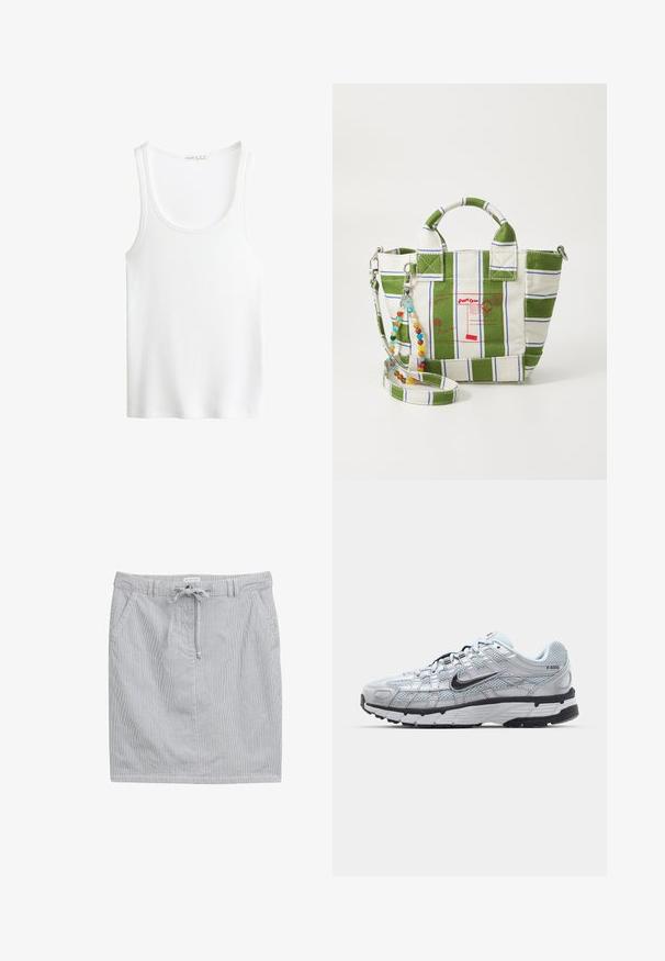 Débardeur blanc côtelé avec un décolleté en rond et des bretelles larges. Texture de tissu douce et ourlets cousus. Design simple et ajusté.; Chemise blanche à manches longues avec boutons, fabriquée en tissu léger, dotée d'un col classique, d'une poche poitrine unique et d'un ourlet droit.; Jupe rayée en coton bleu clair et blanc avec une taille élastique, un cordon de serrage et deux poches latérales. Texture lisse, longueur au-dessus du genou.; Baskets Nike P-6000 avec une tige en mesh gris clair, des accents noirs et une semelle en caoutchouc noir durable. Présente un design complexe et un système de laçage.; Sac fourre-tout en toile avec un design rayé vert et blanc, présentant des graphiques postaux rouges. Comprend une bandoulière en perles amovible et des poignées doubles.