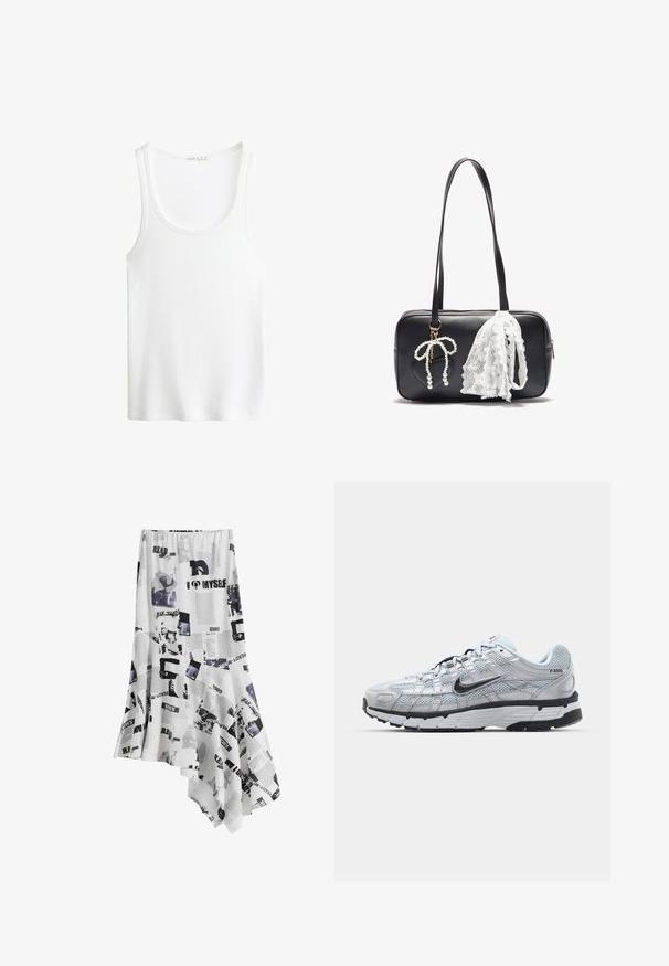 Fehér, bordázott ujjatlan felső, kerek nyakkivágással és széles pántokkal. Puha szövet textúra és varrt szegélyek. Egyszerű, testhezálló dizájn.; Fehér aszimmetrikus szoknya, nyomtatott mintával, fekete szöveggel és képekkel, könnyű anyagból készült. Az élei lágyan be vannak hajtva.; Nike P-6000 sportcipő, világosszürke hálós felsőrésszel, fekete részletekkel és tartós fekete gumitalppal. Bonyolult dizájnnal és fűzőrendszerrel rendelkezik.; Even&Odd Kézitáska - black