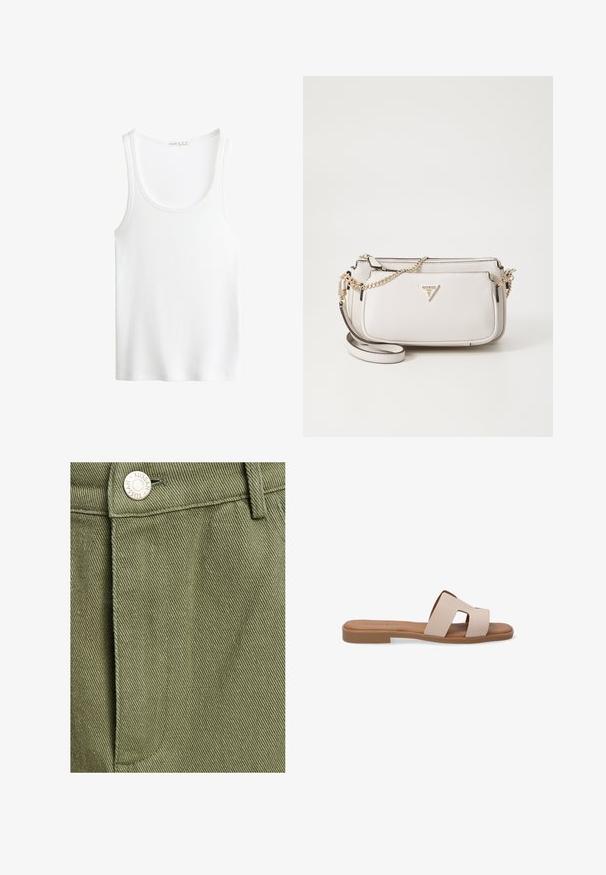 Weißes, geripptes Tanktop mit Rundhalsausschnitt und breiten Trägern. Weiche Stofftextur und genähte Säume. Einfaches, enganliegendes Design.; TUSSAH SAWYER - A-Linien-Rock - sage green; Beige Leder-Sandale mit zwei breiten Riemen und Ausschnitten, flacher brauner Sohle und minimalistischem Design.; Tasche aus hellgrauem strukturiertem Material mit einer Kette in Goldoptik. Sie verfügt über ein gefaltetes Design und ein dreieckiges Logo-Detail auf der Vorderseite.