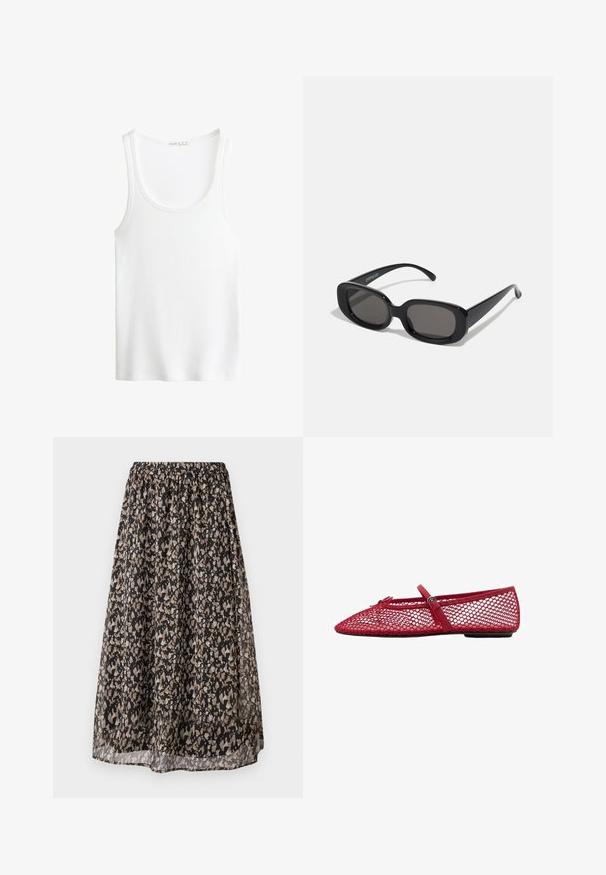 White ribbed tank top with a scoop neckline and wide straps. Soft fabric texture and stitched hems. Simple, fitted design.; Black midi skirt made from lightweight fabric, featuring a floral pattern in tan and cream. Elastic waistband for adjustable fit.; Red mesh ballet flats with a pointed toe, featuring a thin strap and buckle detail. The upper has an open, honeycomb pattern.; Black rectangular sunglasses with dark lenses. Thick plastic frame, smooth texture, and rounded edges. Stylish temples extend outward.