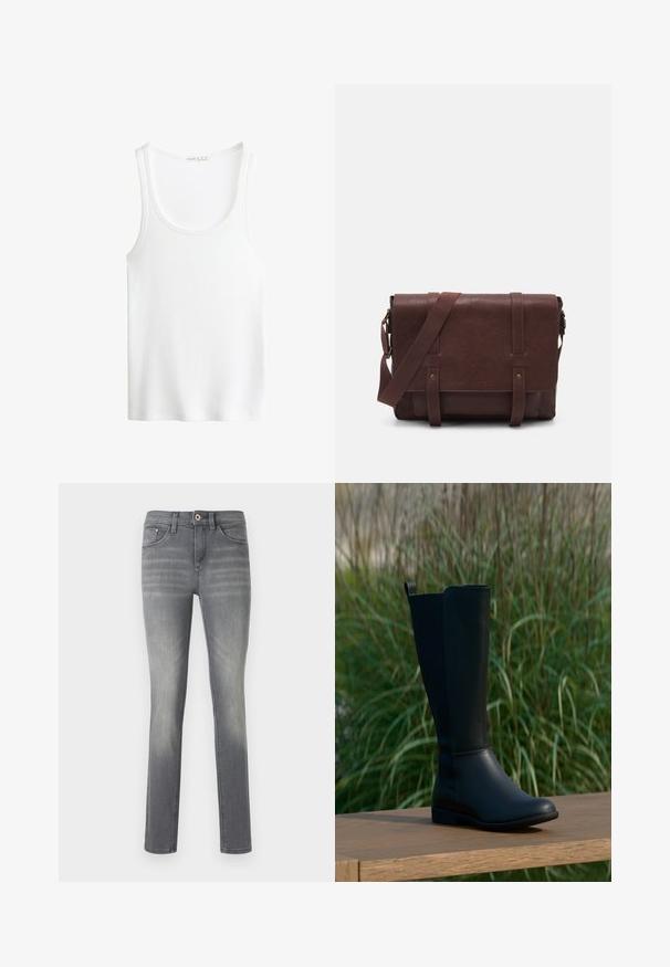 Bela rebrasta majica s širokimi naramnicami in globokim izrezom. Mehka tkanina in šivani robovi. Preprost, oprijet dizajn.; Sive traperice s uskim krojem, s izbljeđenim pranjem, pet džepova, zatvaranjem na gumb i diskretnim detaljima šavova.; Črna škornji do kolen iz gladkega usnja z okroglim prstom in ravnim podplatom. Ima preprost dizajn z zankico na vrhu.; Rjava usnjena torba za sporočila z ravnim sprednjim poklopcem, dvema trakovoma, zlatimi kovinskimi detajli in nastavljivim naramnim pasom.