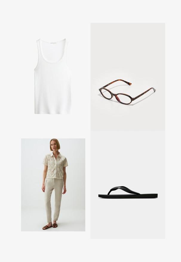 Witte geribbelde tanktop met een ronde halslijn en brede bandjes. Zachte stoftextuur en gestikte randen. Eenvoudig, getailleerd ontwerp.; Korte mouwen blouse met kantpatroon in crème, met een kraaglijn. Gecombineerd met beige, slim-fit broek en bruine gevlochten sandalen.; Zwarte rubberen flip-flop sandaal met een getextureerde strap en een eenvoudige platte zool, zijaanzicht op een effen lichte achtergrond.; Tortoiseshell zonnebril met ovale lenzen, voorzien van een donker montuur met licht en donkerbruine patronen, en slanke, gebogen pootjes.; Beige leren schoudertas met een halve maanvorm, een soepele textuur en een enkele gebogen handgreep. Voorzien van een ritssluiting en nette stiksels.
