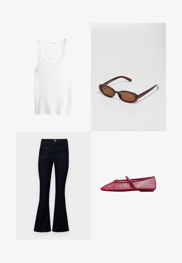 Biely rebrovaný top s okrúhlym výstrihom a širokými ramienkami. Mäkká textúra látky a prešívané okraje. Jednoduchý, priliehavý strih.; Tmavomodré rozšírené džínsy s vysokým pásom, vyrobené z denimu, so svetlými švami a dvomi zadnými vreckami.; Červené sieťové baleríny s špicatou špičkou, ktoré majú tenký remienok a detail s prackou. Zvršok má otvorený, včelí plástový vzor.; Okrúhle slnečné okuliare s hnedým nádychom a lesklým burgundským rámom. Úzke ramená s jemným brandovaním. Plochej šošovky dizajn.