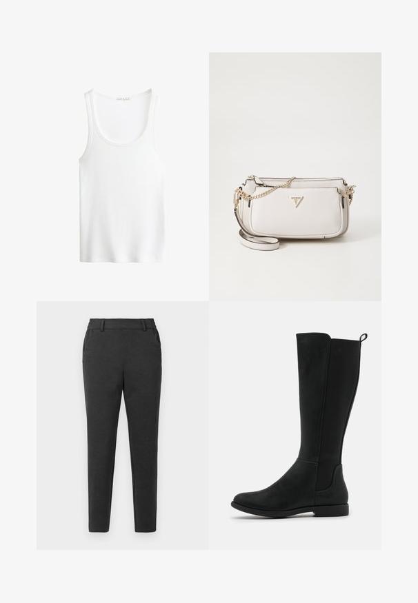 Bijela rebrasta majica na bretelama s okruglim izrezom i širokim trakama. Mekani materijal i šivani rubovi. Jednostavan, usko krojen dizajn.; Tamno sivi uski hlače s petljama za remen, bočnim džepovima i suženim krojem na jednobojnoj svijetloj pozadini.; Čizme do koljena od crne umjetne kože s glatkom površinom, elastičnim bočnim panelima i niskim, ravnim đonom za udobnost.; Torba u svijetlosivoj teksturiranoj tkanini s lancem zlatne boje. Ima presavijeni dizajn i trokutasti logo akcent na prednjoj strani.