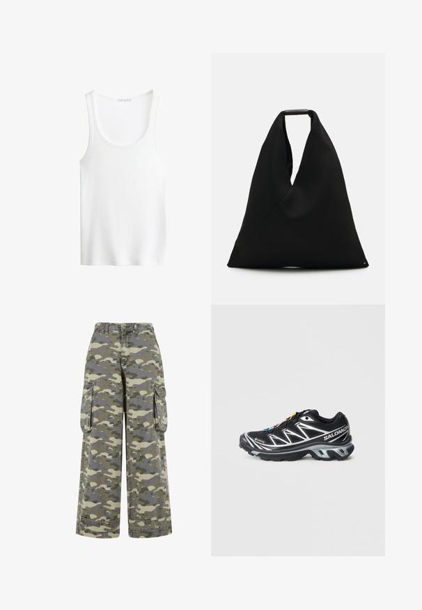 Witte geribbelde tanktop met een ronde halslijn en brede bandjes. Zachte stoftextuur en gestikte randen. Eenvoudig, getailleerd ontwerp.; Cargo-broek in een groen en beige camouflagepatroon, met een losse pasvorm, twee zijzakken en een roze accent op het been.; Zwart hardloopschoen met zilveren accenten, GORE-TEX materiaal, gestructureerde zool en kleurrijke veters. Voorzien van een gevoerde hak voor ondersteuning.; Zwart stoffen draagtas met een uniek V-vormig ontwerp en een gladde textuur. Voorzien van een korte handgreep met minimalistische hardware-details.; Zign Armband - silver-coloured