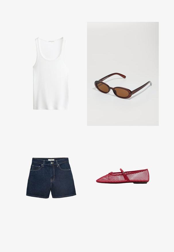 White ribbed tank top with a scoop neckline and wide straps. Soft fabric texture and stitched hems. Simple, fitted design.; Denim shorts in dark blue, featuring a fitted waistband, five-pocket design, and contrasting stitching around edges. Classic button closure.; Red mesh ballet flats with a pointed toe, featuring a thin strap and buckle detail. The upper has an open, honeycomb pattern.; Round, brown-tinted sunglasses with a glossy burgundy frame. Slim arms with subtle branding detail. Flat lens design.