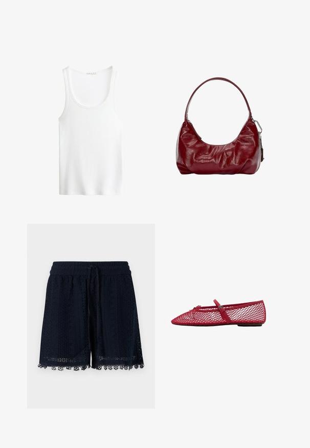 Witte geribbelde tanktop met een ronde halslijn en brede bandjes. Zachte stoftextuur en gestikte randen. Eenvoudig, getailleerd ontwerp.; Navy blauwe shorts gemaakt van gehaakt materiaal met een gestructureerd patroon en kantafwerking aan de zoom. Elastische tailleband met trekkoord.; Rode mesh ballerina's met een spitse neus, voorzien van een dunne band en een gespdetail. De bovenkant heeft een open honingraatpatroon.; Bordeaux schoudertas van glanzend materiaal, met een gebogen vorm en een geplooide textuur. Een korte handgreep en zichtbare ritssluiting zijn aanwezig.