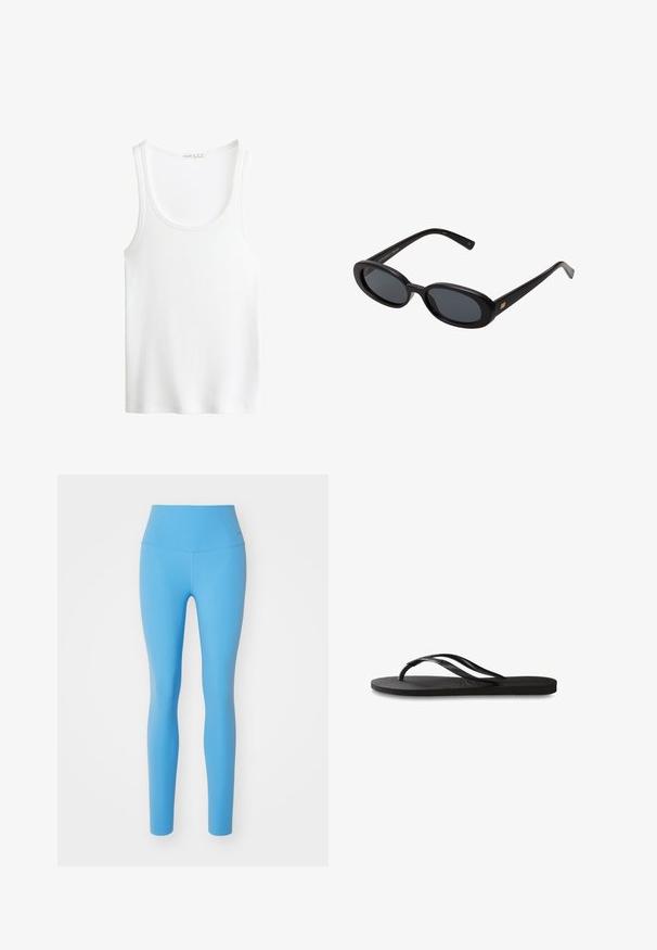 Fehér, bordázott ujjatlan felső, kerek nyakkivágással és széles pántokkal. Puha szövet textúra és varrt szegélyek. Egyszerű, testhezálló dizájn.; Nike Performance ZENVY HR 7/8 - Leggingek - university blue; Fekete papucs texturált gumitalppal, két vékony pánttal és finom, domború logóval a pánton.; Fekete, oversize napszemüveg ovális lencsékkel, sima műanyag kerettel és arany részletekkel a fülpánton. Sötét lencséi védelmet nyújtanak a napfény ellen.; Zöld és fehér csíkos mintájú vászontáska, piros postai grafikával. Levehető gyöngyös pánttal és dupla fogantyúval rendelkezik.