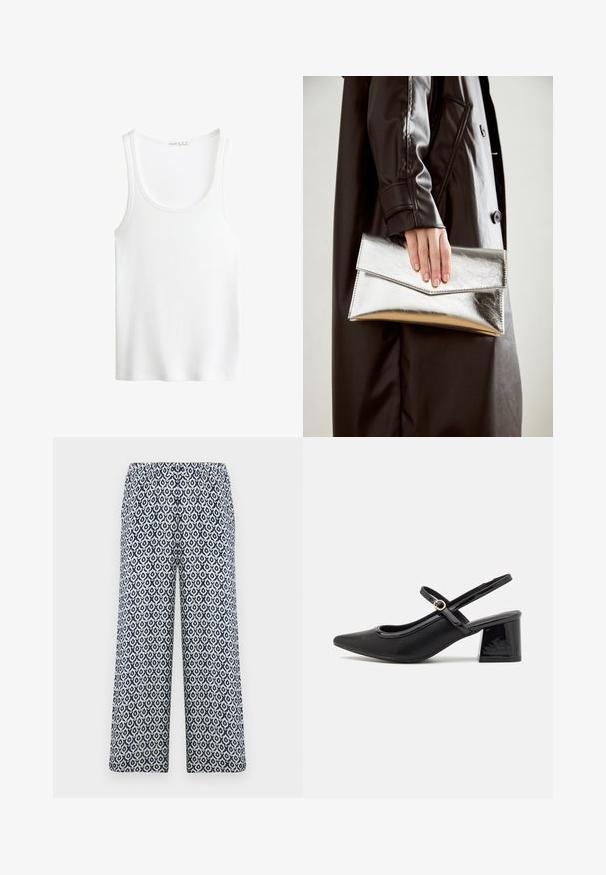 Top tank bianco a costine con scollatura a barco e spalline larghe. Tessuto morbido e orli cuciti. Design semplice e aderente.; Pantaloni a gamba larga stampati con un elastico in vita. Presentano un motivo geometrico blu navy e bianco su un tessuto leggero.; Décolleté in vernice nera con cinturino dietro, punta affusolata, design con ritagli arrotondati e tacco a blocco. Presenta un accento di fibbia tono oro.; Clutch metallico argento con un design a busta angolare, texture liscia e colore interno a contrasto, tenuto in mano da una persona che indossa un cappotto nero.