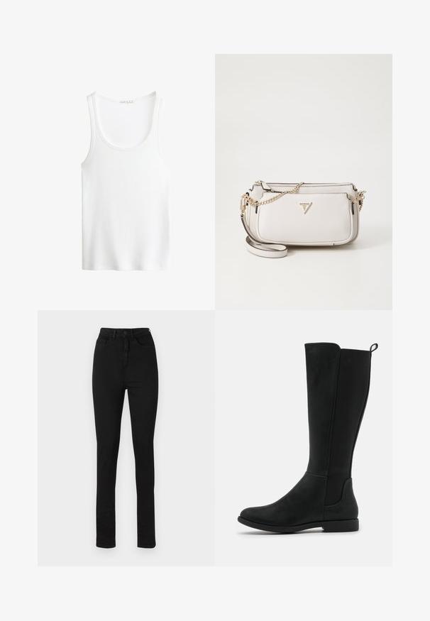 Bijela rebrasta majica na bretelama s okruglim izrezom i širokim trakama. Mekani materijal i šivani rubovi. Jednostavan, usko krojen dizajn.; Crne traper hlače s visokim strukom, zatvaranjem na dugme, pet džepova i uskim krojem. Glatka tekstura s detaljima šavova.; Čizme do koljena od crne umjetne kože s glatkom površinom, elastičnim bočnim panelima i niskim, ravnim đonom za udobnost.; Torba u svijetlosivoj teksturiranoj tkanini s lancem zlatne boje. Ima presavijeni dizajn i trokutasti logo akcent na prednjoj strani.