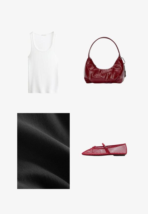 White ribbed tank top with a scoop neckline and wide straps. Soft fabric texture and stitched hems. Simple, fitted design.; Black fabric with a smooth, matte texture, showing subtle variations in shade and fiber, draped to reveal soft curves and depth.; Red mesh ballet flats with a pointed toe, featuring a thin strap and buckle detail. The upper has an open, honeycomb pattern.; Burgundy shoulder bag made of glossy material, featuring a curved shape and gathered texture. A short handle and visible zipper closure are present.