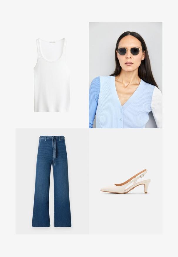 Valkoinen ribattuja toppi, jossa on avara kaula-aukko ja leveät olkaimet. Pehmeä kangas ja ommellut reunat. Yksinkertainen, muotoon leikattu malli.; TOM TAILOR DENIM TTMIJA CULOTTE - Flared-farkut - used mid stone blue denim; Valkoinen slingback-korkokenkä, jossa on terävä kärki, sileä päällismateriaali, matala lohkokorko ja sivuaukko-design säädettävällä soljella.; Pyöreät aurinkolasit, joissa on tummat linssit ja kultaiset kehykset. Mallilla on päällään vaaleansininen, ribatusta materiaalista valmistettu neuletakki, jossa on napit ja kontrastiväriset valkoiset hihat.; Michael Kors kääröbeige pinnoitettua kangasta, jossa on toistuva MK-logo -kuvio, kultaiset yksityiskohdat ja irrotettava ketjuhihna.