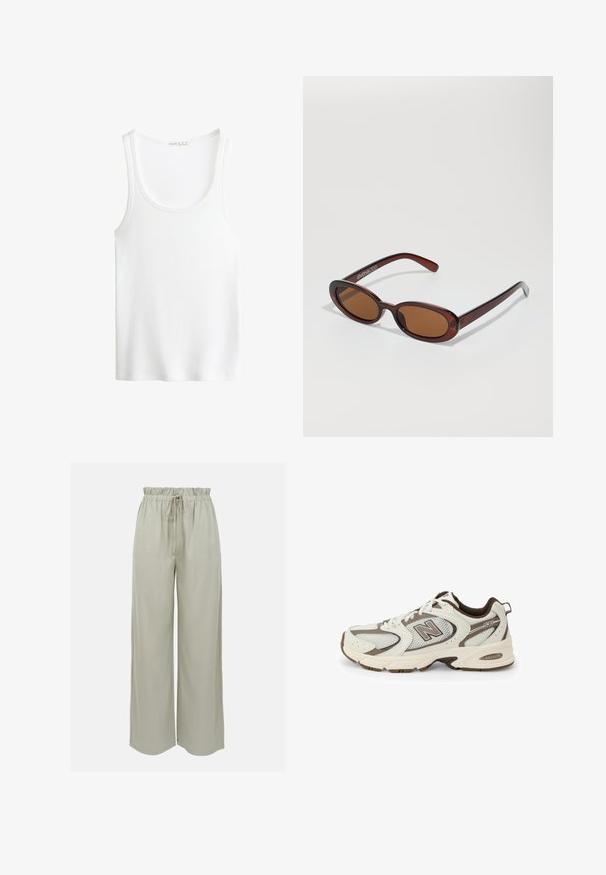 Biały żebrowany top na ramiączkach z okrągłym dekoltem i szerokimi ramiączkami. Miękka faktura materiału i obszycia. Prosty, dopasowany krój.; Jasnoszare szerokie spodnie wykonane z miękkiego materiału. Posiadają elastyczny pasek w talii z troczkiem oraz gładką teksturę. Brak widocznych wzorów.; Białe i brązowe buty sportowe z siateczkową cholewką, zakrzywionym kształtem, amortyzowaną podeszwą oraz logo "N" z boku. Wytrzymała gumowa podeszwa.; Okrągłe, brązowe okulary przeciwsłoneczne z błyszczącą bordową oprawą. Cienkie ramiona z subtelnym detalem marki. Płaski kształt soczewek.