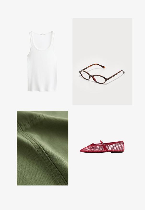 Weißes, geripptes Tanktop mit Rundhalsausschnitt und breiten Trägern. Weiche Stofftextur und genähte Säume. Einfaches, enganliegendes Design.; Next Jeans Shorts - khaki green; Rote Netz-Ballerinas mit spitzem Zehenbereich, ausgestattet mit einem dünnen Riemen und Schnallen-Detail. Das Obermaterial hat ein offenes Wabenmuster.; Schildpatt-Sonnenbrille mit ovalen Gläsern, ausgestattet mit einem dunklen Gestell mit hellen und dunklen Brauntönen sowie schlanken, geschwungenen Bügeln.