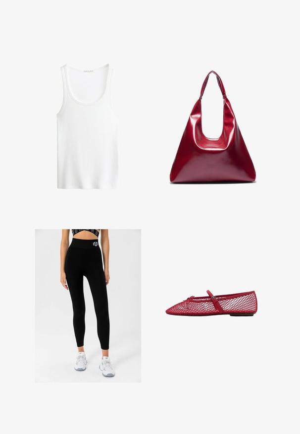 Bela rebrasta majica s širokimi naramnicami in globokim izrezom. Mehka tkanina in šivani robovi. Preprost, oprijet dizajn.; Črne rebraste legice z visokim pasom, ki vsebujejo logo, v kombinaciji z belimi supergami, prikazujejo oprijet dizajn in mehko teksturo.; Rde mrežaste balerinke s koničastim prstom, ki imajo tanek trak in podrobnost z zaponko. Zgornji del ima odprt, satasti vzorec.; Rdeča sijoča usnjena torbica v trikotni obliki, širokim vrhnjim odprtjem in enim ukrivljenim ročajem. Gladka textura z minimalnimi šivi.