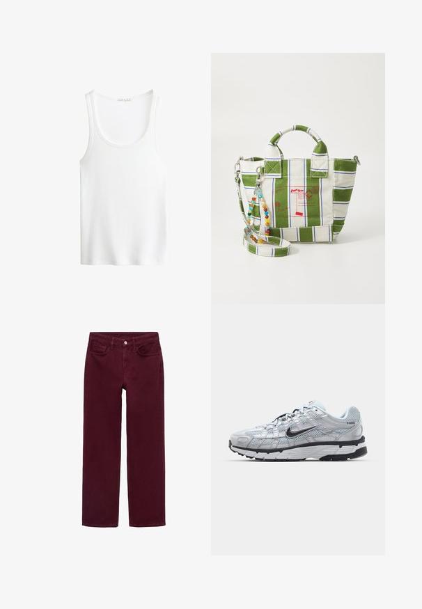 Top tank bianco a costine con scollatura a barco e spalline larghe. Tessuto morbido e orli cuciti. Design semplice e aderente.; Jeans bordeaux in cotone, con un design a gamba dritta, cinque tasche e chiusura con bottone in vita.; Sneakers Nike P-6000 con una toma superiore in mesh grigio chiaro, accenti neri e una resistente suola in gomma nera. Dotati di un design intricato e di un sistema di allacciatura.; Borsa tote in tela con design a strisce verdi e bianche, caratterizzata da grafiche postali rosse. Include una tracolla staccabile con perline e doppi manici.