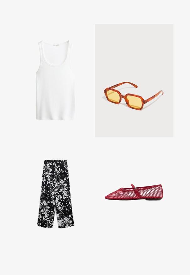 Débardeur blanc côtelé avec un décolleté en rond et des bretelles larges. Texture de tissu douce et ourlets cousus. Design simple et ajusté.; Pantalon en tissu noir avec un motif floral blanc, coupe large, texture lisse et taille haute.; Ballerines en maille rouge avec un bout pointu, dotées d'une fine bride et d'un détail à boucle. La tige présente un motif ouvert en nid d'abeille.; Lunettes de soleil rectangulaires avec une monture rouge à motif écaille et des verres teintés jaunes. Texture lisse avec des branches droites.
