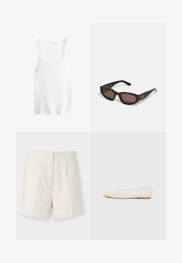White ribbed tank top with a scoop neckline and wide straps. Soft fabric texture and stitched hems. Simple, fitted design.; Linen shorts in beige with a textured finish, featuring a tailored design, pleats at the front, and a straight cut.; White flat shoe featuring a mesh design with a pointed toe and a low, flat sole. Textured upper with a smooth lining and subtle contrast trim.; Brown tortoiseshell sunglasses with a rectangular shape, dark brown lenses, and gold "vogue" branding on the temples.; White crocodile-embossed handbag with two handles, rectangular shape, and zipper closure. Displayed against a light background.