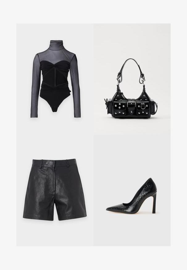 Czarny body z przezroczystymi, długimi rękawami. Posiada stójkę, marszczone detale oraz zamek z przodu. Gładki materiał o dopasowanym kroju.; Czarne skórzane szorty o gładkiej fakturze, z dopasowanym krojem, szlufkami na pasek oraz subtelnym detalem w postaci szwu z przodu.; Czarne szpilki z ostrym noskiem, pokryte teksturą skóry krokodyla, charakteryzujące się eleganckim wzornictwem, wysokim obcasem w stylu stiletto oraz gładkim czarnym wnętrzem.; Czarna skórzana torebka w zakrzywionym kształcie, z srebrnymi ćwiekami, klamrą i dwoma bocznymi kieszeniami. Regulowany pasek umożliwiający różne opcje noszenia.