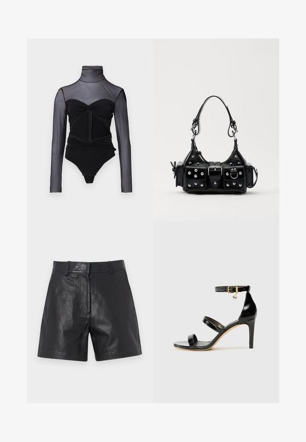 Černý body s průsvitnými dlouhými rukávy. Obsahuje stojáček, nařasené detaily a přední zip. Hladká látka s přiléhavým střihem.; Černé kožené kraťasy s hladkou texturou, které mají přiléhavý střih, poutka na opasek a jemný detail předního švu.; Černé lakované kožené sandály se třemi pásky, sponou na kotníku a 10 cm jehlovým podpatkem. Obsahují zlaté kovové detaily a logo přívěsek.; Černá kožená kabelka s křivkovým designem, zdobená stříbrnými hřebíky, s přezkou a dvěma bočními kapsami. Nastavitelný popruh pro různé možnosti nošení.