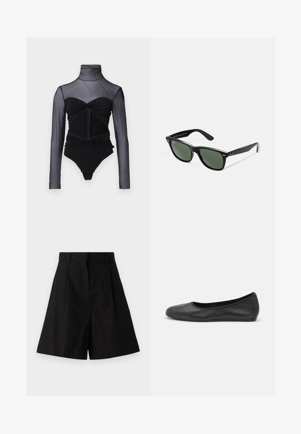Zwarte bodysuit met een doorzichtige bovenkant met lange mouwen. Kenmerken zijn een hoge hals, geplooide details en een rits aan de voorkant. Glad materiaal met een aansluitend ontwerp.; Zwarte high-waisted shorts met een geplooid ontwerp, voorzien van zijzakken en een gladde stoftextuur. Strakke lijnen en een getailleerde pasvorm.; Zwarte leren ballerina met een ronde neus, gladde textuur, minimale stikdetails en een flexibele zoolontwerp.; Zwarte plastic zonnebril met groene lenzen, vierkante montuur, zilveren accent op de wenkbrauw en een gestructureerde tempel. Merken vermeld op de binnenkant van de arm.