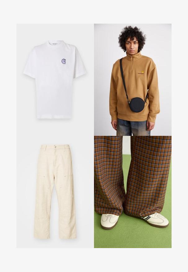 Valkoinen puuvillainen lyhythihainen T-paita, jossa pyöreä kaula-aukko ja vasemmassa rinnassa pieni, kirjailtu sininen "C"-logo.; Vaaleanbeigeit liinaihmisiä leveälahkeisia housuja, joissa on etutaskut, napitus ja näkyvät ompeluseikat lisätekstuurin luomiseksi.; Ruskonsin ja sininen ruutukuvioinen leveälahkeinen housut yhdistettynä valkoisiin kenkiin, joissa on mustia yksityiskohtia ja tekstuuripohjat, vihreää taustaa vasten.; Ruskea neljännesvetoketjullinen fleecesweater, jossa on brodeerattu logo, mustan pyöreän olkalaukun kanssa, jossa on vetoketju ja logotiedot, käytetty farkkujen päällä.