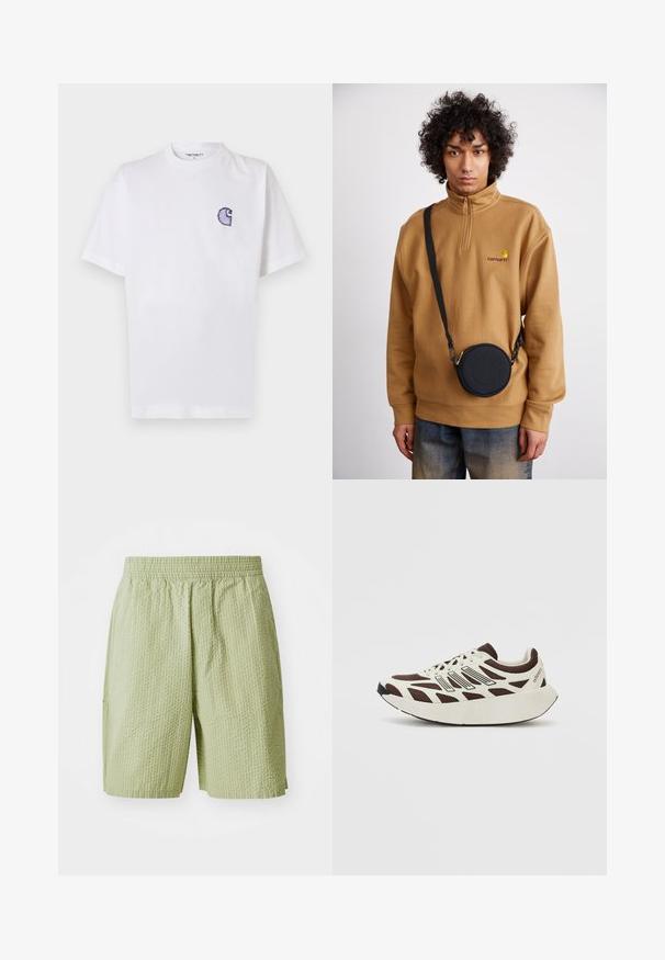 Camiseta blanca de algodón con mangas cortas, cuello redondo y un pequeño logo azul bordado en forma de "C" en el área del pecho izquierdo.; Pantalones cortos verde claro hechos de un tejido texturizado, con cintura elástica y bolsillos laterales. El diseño incluye un sutil patrón de gofre.; Zapatilla marrón y crema con parte superior de malla, superposiciones texturizadas y una suela blanca gruesa y redondeada. Presenta una lengüeta de perfil bajo y cordones.; Sudadera de forro polar marrón con cremallera de un cuarto y logo bordado, combinada con un bolso negro tipo bandolera con cremallera y detalle del logo, usado sobre unos vaqueros.