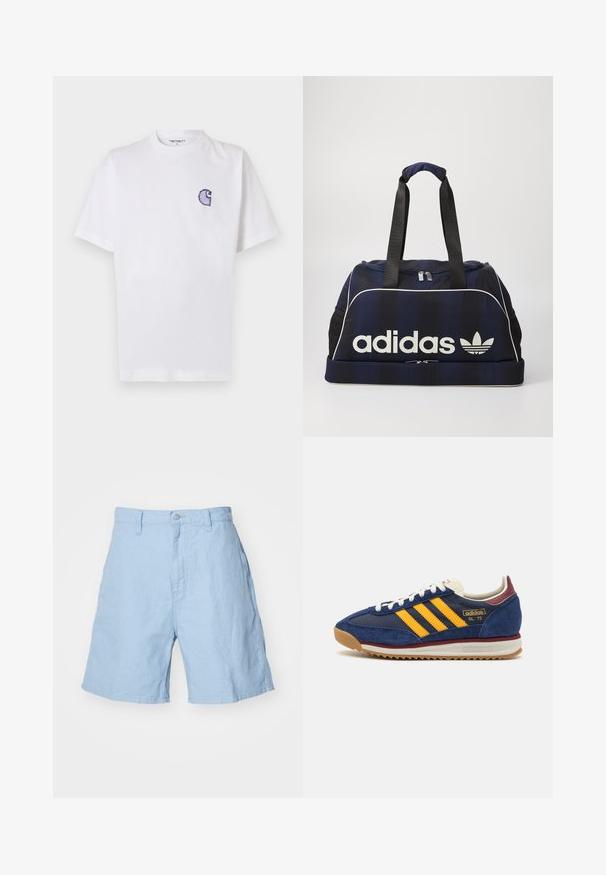 Biała bawełniana koszulka z krótkimi rękawami, okrągłym dekoltem i małym, niebieskim haftowanym logo "C" na lewej stronie klatki piersiowej.; Jasnoniebieskie lniane szorty z zapięciem na guzik i suwak, z dwoma kieszeniami po bokach oraz luźnym krojem. Wyraźna tekstura, długość do połowy uda.; Granatowe zamszowe sneakersy z żółtymi paskami, białymi sznurowadłami i burgundowymi akcentami. Teksturowana podeszwa z rowkami zapewniającymi przyczepność. Logo marki na boku.; Granatowa torba duffel z białym logo Adidasa, posiadająca zapinany na zamek górny otwór, dwa mocne czarne uchwyty oraz boczne kieszenie z siatki. Gładka faktura materiału.