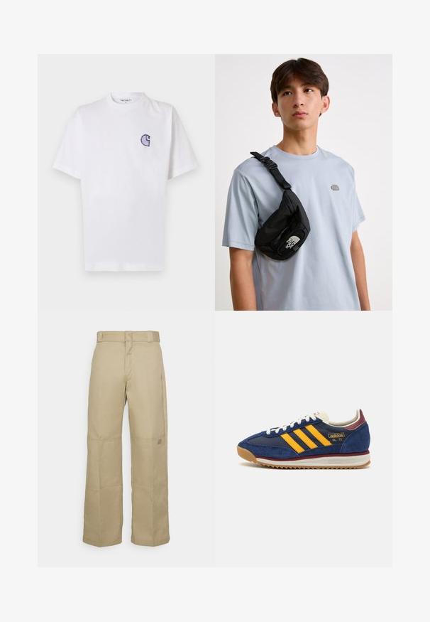 T-shirt branca de algodão com mangas curtas, decote redondo e um pequeno logotipo azul "C" bordado no lado esquerdo do peito.; Calças largas bege feitas de um tecido resistente, com uma cintura alta, costura visível e um pequeno emblema na lateral.; Sneaker de camurça azul-marinho com riscas amarelas, atacadores brancos e realces em bordeaux. Sola texturizada com relevos para aderência. Logótipo da marca de lado.; Saco crossbody preto em nylon com alça ajustável, apresentando um logotipo branco em destaque. Usado sobre uma t-shirt azul clara. Design simples e funcional.
