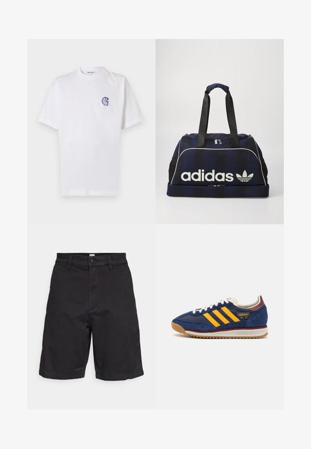Weißes Baumwoll-T-Shirt mit kurzen Ärmeln, rundem Halsausschnitt und einem kleinen, gestickten blauen "C"-Logo auf der linken Brustseite.; GAP ESSENTIAL SHORT - Shorts - true black; Marineblaues Wildleder-Sneaker mit gelben Streifen, weißen Schnürsenkeln und burgunderfarbenen Akzenten. Texturierte Sohle mit Rillen für besseren Grip. Markenlogo an der Seite.; Navy Duffelbag mit weißem Adidas-Logo, ausgestattet mit einem Reißverschluss oben, zwei robusten schwarzen Griffen und seitlichen Netztaschen. Glatte Stoffoberfläche.
