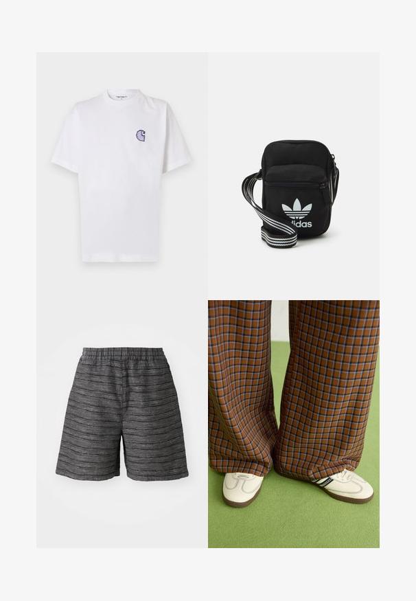 White cotton t-shirt with short sleeves, round neckline, and a small, embroidered blue "C" logo on the left chest area.; Gray shorts with an elastic waistband, featuring a textured fabric with horizontal stripes. Mid-thigh length and relaxed fit.; Brown and blue plaid wide-leg trousers paired with white shoes featuring black accents and textured soles, set against a green background.; Black fabric crossbody bag with a zipper closure, featuring a white Adidas logo and a striped adjustable strap for easy carrying.