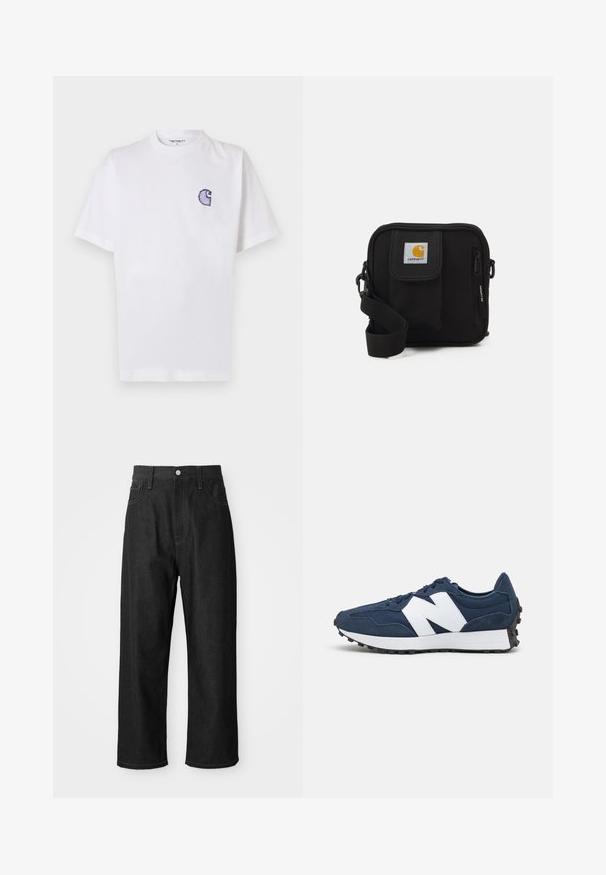 Bijela pamučna majica kratkih rukava, s okruglim izrezom i malim, plavim izvezenim logom "C" na lijevoj strani prsa.; Crne traperice s opuštenim krojem, visokim strukom, zatvorenjem na zip, i dizajnom s pet džepova. Vidljivi šavovi naglašavaju cijelu odjeću.; Mornarskoplavi atletski tenisice s bijelim logotipom, gornjište od antilopa i mrežaste tkanine, s podstavljenim izrezom, ravnim vezicama i teksturiranom crnom gumenom potplatom.; Crna torba za preko ramena s glavnim odjeljkom na patentni zatvarač, prednjim džepom, podešivim remenom i vidljivom oznakom na preklopu.