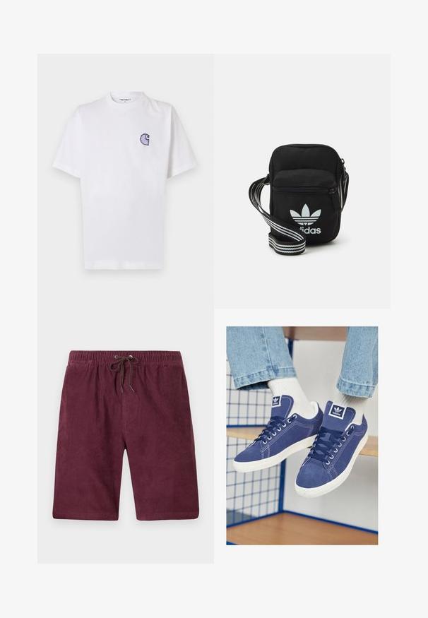 White cotton t-shirt with short sleeves, round neckline, and a small, embroidered blue "C" logo on the left chest area.; Burgundy corduroy shorts with an elastic waistband and drawstring. Features vertical ribbed texture and standard length.; Navy blue Adidas sneakers made of suede, featuring white rubber soles, round toes, and a logo patch on the tongue. Bright white socks visible.; Black fabric crossbody bag with a zipper closure, featuring a white Adidas logo and a striped adjustable strap for easy carrying.