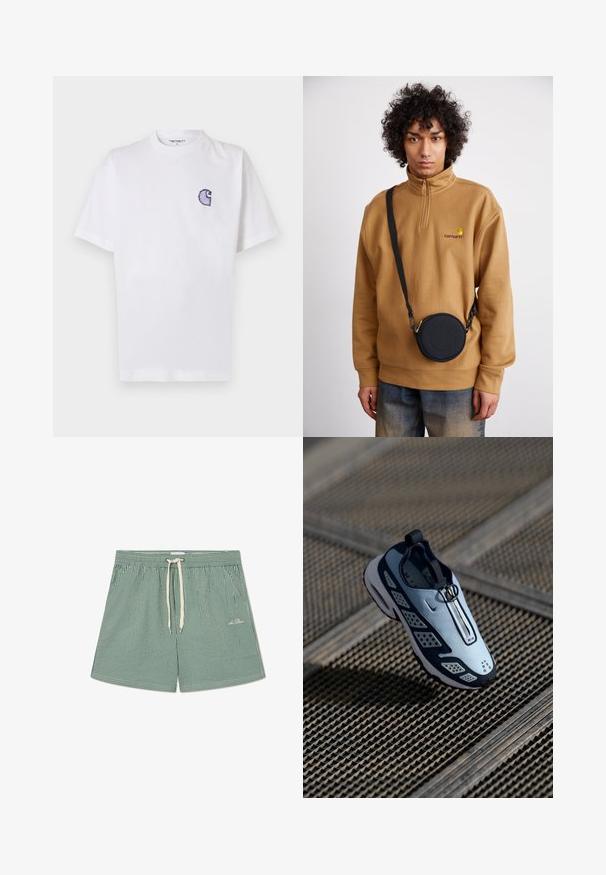 Bijela pamučna majica kratkih rukava, s okruglim izrezom i malim, plavim izvezenim logom "C" na lijevoj strani prsa.; Zelene i bijele prugaste kupaćice s elastičnom jaknom, podesivom vezicom i malim logotipom na donjoj lijevoj strani.; Nike tenisice imaju dizajn za lako obuvanje s svijetloplavom gornjom strukturom, crnim akcentima i perforiranim bočnim panelima. Imaju zaobljeni vrh i teksturirani potplat.; Smeđa flis dukserica s četvrtastim zipom i izvezenim logotipom, uz crnu okruglu torbicu preko tijela s patent zatvaračem i detaljem logotipa, nosi se preko traperica.