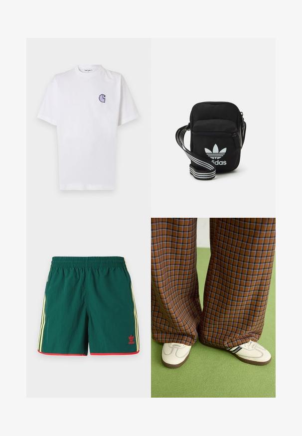 Baltas medvilninis marškinėlis trumpomis rankovėmis, apvalia iškirpte ir mažu siuvinėtu mėlynu „C“ logotipu kairėje krūtinės pusėje.; Žalios sportinės šortai su lengvu audiniu, su geltonomis šoninėmis juostelėmis ir raudonais akcentais apatine dalimi, su mažu raudonu logotipu.; Rudos ir mėlynos langelinės plačios kelnės, derinamos su baltais batais su juodais akcentais ir tekstūruotais padais, prieš žalią foną.; Juodas audinio per petį nešiojamas krepšys su užtrauktuku, turintis baltą Adidas logotipą ir dryžuotą reguliuojamą diržą patogiam nešiojimui.