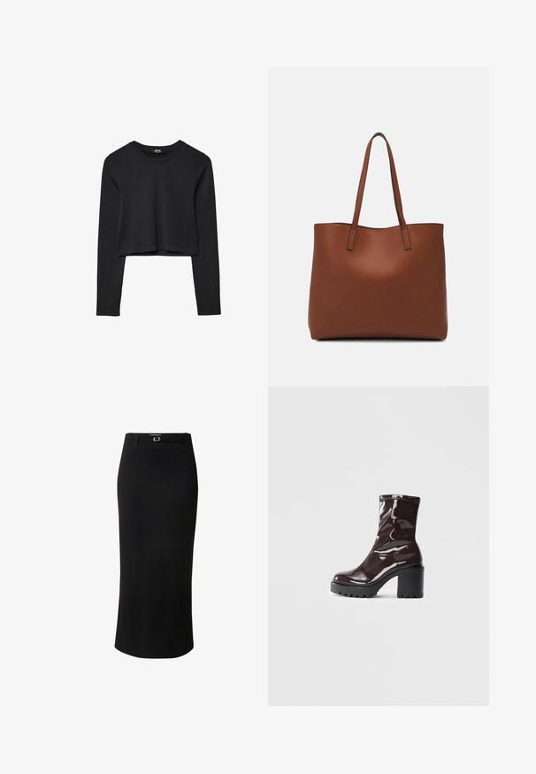 Haut court à manches longues noir avec encolure ronde, design uni et ourlet légèrement arrondi.; Jupe crayon noire en tissu lisse, avec un design mi-long, des passants de ceinture et un détail de boucle rectangulaire en métal argenté.; Bottines bordeaux brillantes à talon épais noir, avec une texture lisse et un design simple. Aucune fermeture visible ni motifs.; Sac fourre-tout en cuir marron avec une texture lisse, design à ouverture supérieure et deux poignées pour le porter à l'épaule. Présente des coutures minimales et aucun matériel visible.