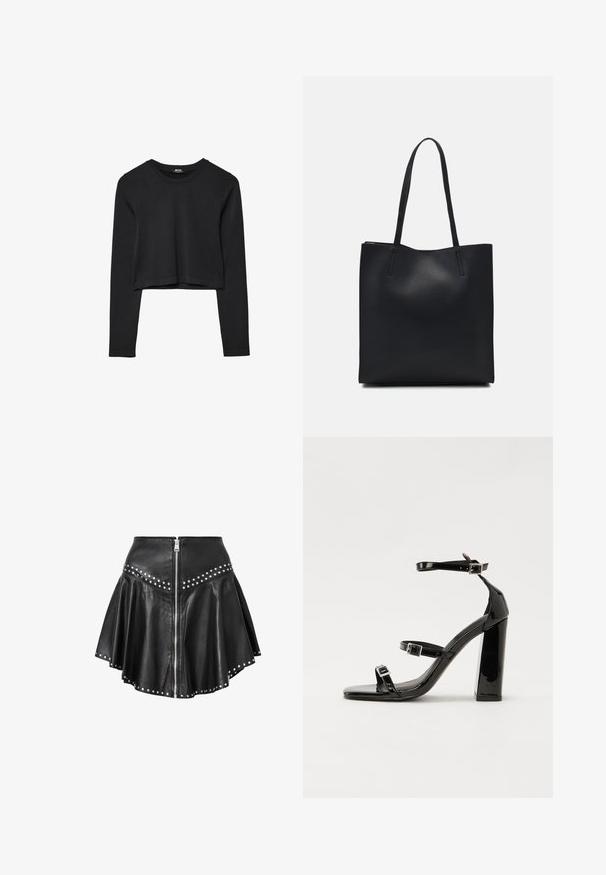 Svart långärmad croppad topp med rund halsringning, enkel design och en något rundad nederkant.; Svart läder mini kjol med en utsvängd design, silverfärgade nitar längs nederkanten och midjan, samt en dragkedja fram. Slät textur genom hela plagget.; Svarta lackerade högklackade sandaler med två spännband, fyrkantig tå och en tjock klack, med en slät och glansig yta.; Svart lädertoffelväska med slät textur, rektangulär form och två långa handtag. Ingen synlig hårdvara eller dekorationer.