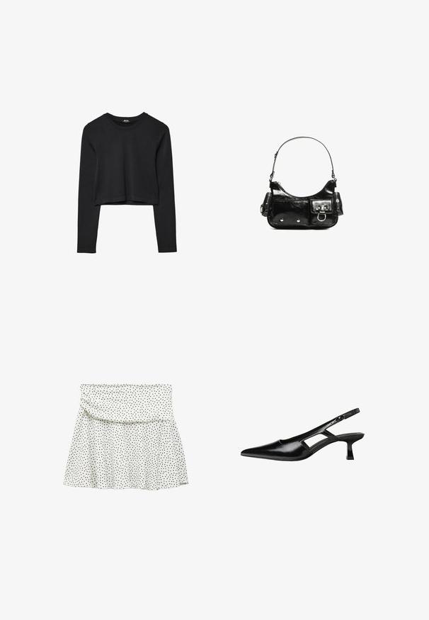 Sort langærmet cropped top med rund halsudskæring, ensfarvet design og let buet kant.; Hvid nederdel med sorte prikker, med en indsamlet talje og en udvidet kant. Lavet af blødt stof, har den en glat tekstur.; Sorte patentlæder slingback hæle med spids tå, udskåret sideskærm og en lille firkantet hæl. Glat tekstur med minimale detaljer.; Sort patenteret læder håndtaske med en buet form, en skulderrem, frontlommer og hardware accenter i sølvfarve.