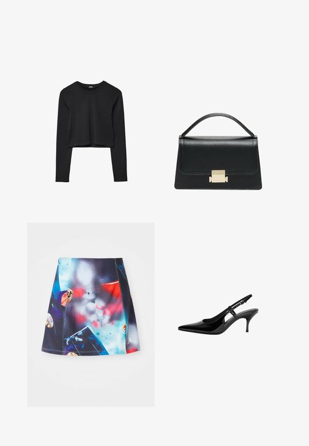 Čierny dlhý rukáv skrátený top s okrúhlym výstrihom, jednofarebný dizajn a mierne zakrivený lem.; Krátka, viacfarebná športová sukňa s živým rozliatym dizajnom a akcentmi a logami. Vyrobená z ľahkej, priedušnej látky.; Čierne lakované lodičky na podpätku so špicatou špičkou, otvorenými bokmi, štíhlým podpätkom a nastaviteľným remienkom okolo členka.; Čierna kožená kabelka so štruktúrovaným prevedením, horným madlom a detailom zlatého kovového uzáveru na prednej strane. Hladká textura, minimálne šitie.