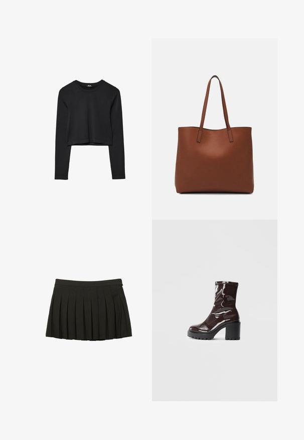 Schwarzes, langärmliges, kurz geschnittenes Oberteil mit Rundhalsausschnitt, schlichter Gestaltung und leicht abgerundetem Saum.; Schwarzer, plissierter Minirock mit elastischem Bund und seitlichem Reißverschluss, auf einem weißen Hintergrund präsentiert.; Glatte bordeauxrote Ankle Boots mit einem klobigen schwarzen Absatz, die eine glatte Oberfläche und ein einfaches Design aufweisen. Keine sichtbaren Verschlüsse oder Muster.; Braune Leder-Tote mit glatter Textur, offenem Oberteil und zwei Schulterriemen. Verfügt über minimale Nähte und keine sichtbaren Beschläge.