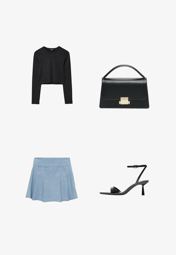 Haut court à manches longues noir avec encolure ronde, design uni et ourlet légèrement arrondi.; Jupe plissée en denim bleu clair avec une taille large, longueur genou, et détails cousus sur un fond blanc.; Bershka Sandales à talons hauts - black; Sac à main en cuir noir au design structuré, avec une poignée supérieure et un détail de fermoir en métal doré à l'avant. Texture lisse, couture minimale.