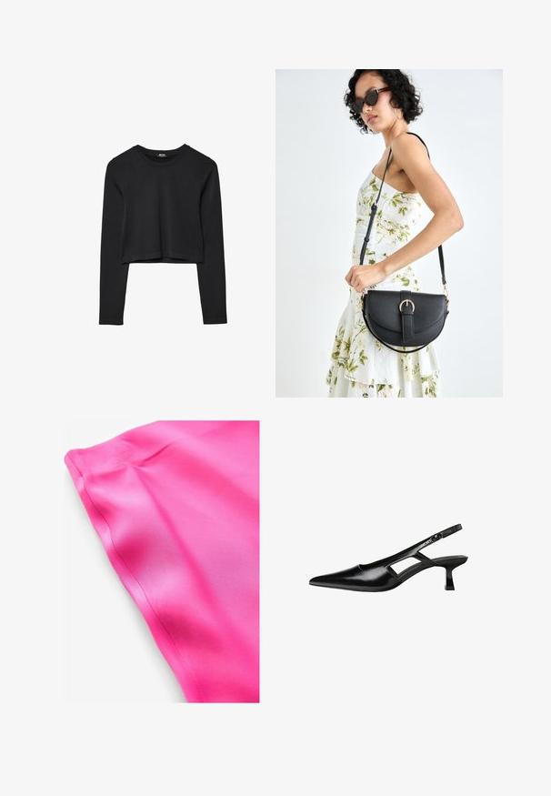 Sort langærmet cropped top med rund halsudskæring, ensfarvet design og let buet kant.; Lyst pink satin stof med en glat tekstur, der har en ren kant og en subtil glans. Ingen mønstre eller yderligere detaljer synlige.; Sorte patentlæder slingback hæle med spids tå, udskåret sideskærm og en lille firkantet hæl. Glat tekstur med minimale detaljer.; Sort læderhåndtaske med en buet form, aftagelig rem og guldfinish. Tasken har en klap med en spænde detalje.