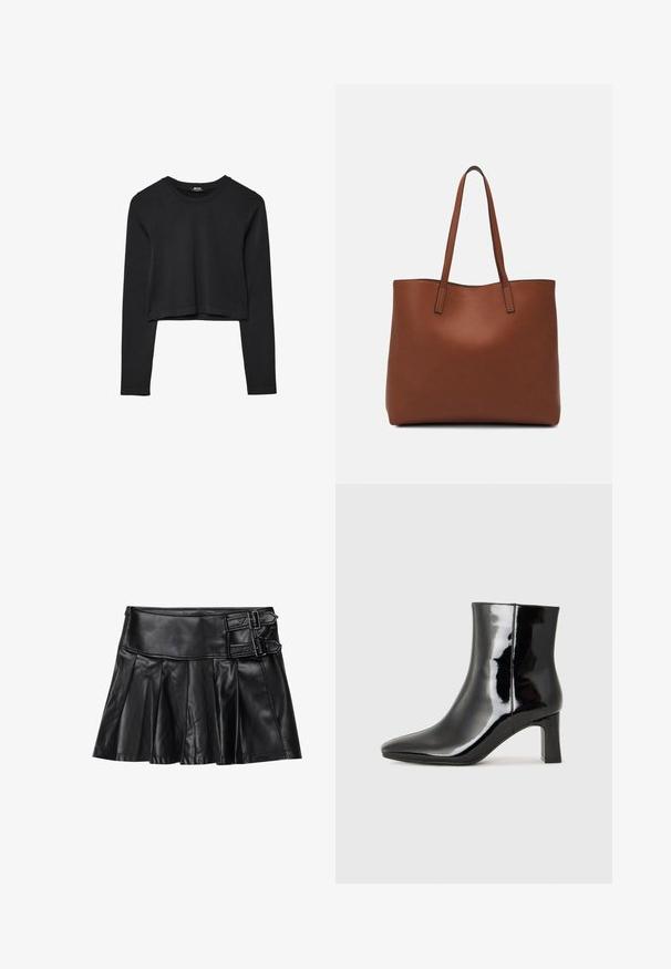 Zwarte lange mouwen cropped top met ronde halslijn, eenvoudige ontwerp en een licht gebogen zoom.; Zwart leren rok met plooien, brede tailleband en twee gespaccents aan de zijkant. Glad textuur met een glanzende afwerking.; Zwarte gepolijste leren enkellaars met een spitse neus en een blokhak van gemiddelde hoogte. Glad textuur en minimalistisch ontwerp.; Bruine leren tote bag met een gladde textuur, een ontwerp met een open bovenkant en twee schouderbanden. Kenmerkt zich door minimale stiksels en geen zichtbare hardware.