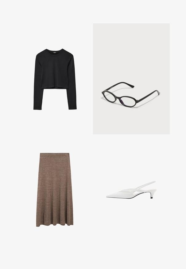Sort langærmet cropped top med rund halsudskæring, ensfarvet design og let buet kant.; Brun strikket midi nederdel med en svajet silhuet, der har en glat elastisk talje og en subtil struktur over det hele.; Hvide slingback hæle med spids tå, der har en glat overdel, subtile udskæringer og en lav blokhæl. Den sorte sål fremhæver designet.; Sorte ovale briller med gennemskinnelige lilla accenter på linserne. Rammen har en mat finish og slanke, lige stænger.; Sort læder tote taske med glat tekstur, rektangulær form og to lange hanke. Ingen synlig hardware eller udsmykninger.