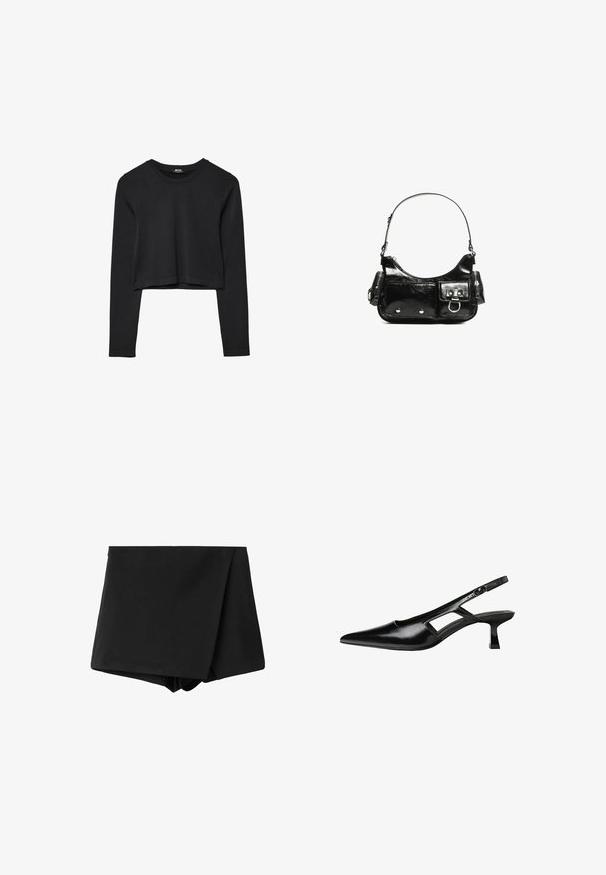 Sort langærmet cropped top med rund halsudskæring, ensfarvet design og let buet kant.; Sorte wrap-style shorts lavet af glat stof, med høj talje og en afslappet pasform. Ingen mønstre eller accenter synlige.; Sorte patentlæder slingback hæle med spids tå, udskåret sideskærm og en lille firkantet hæl. Glat tekstur med minimale detaljer.; Sort patenteret læder håndtaske med en buet form, en skulderrem, frontlommer og hardware accenter i sølvfarve.